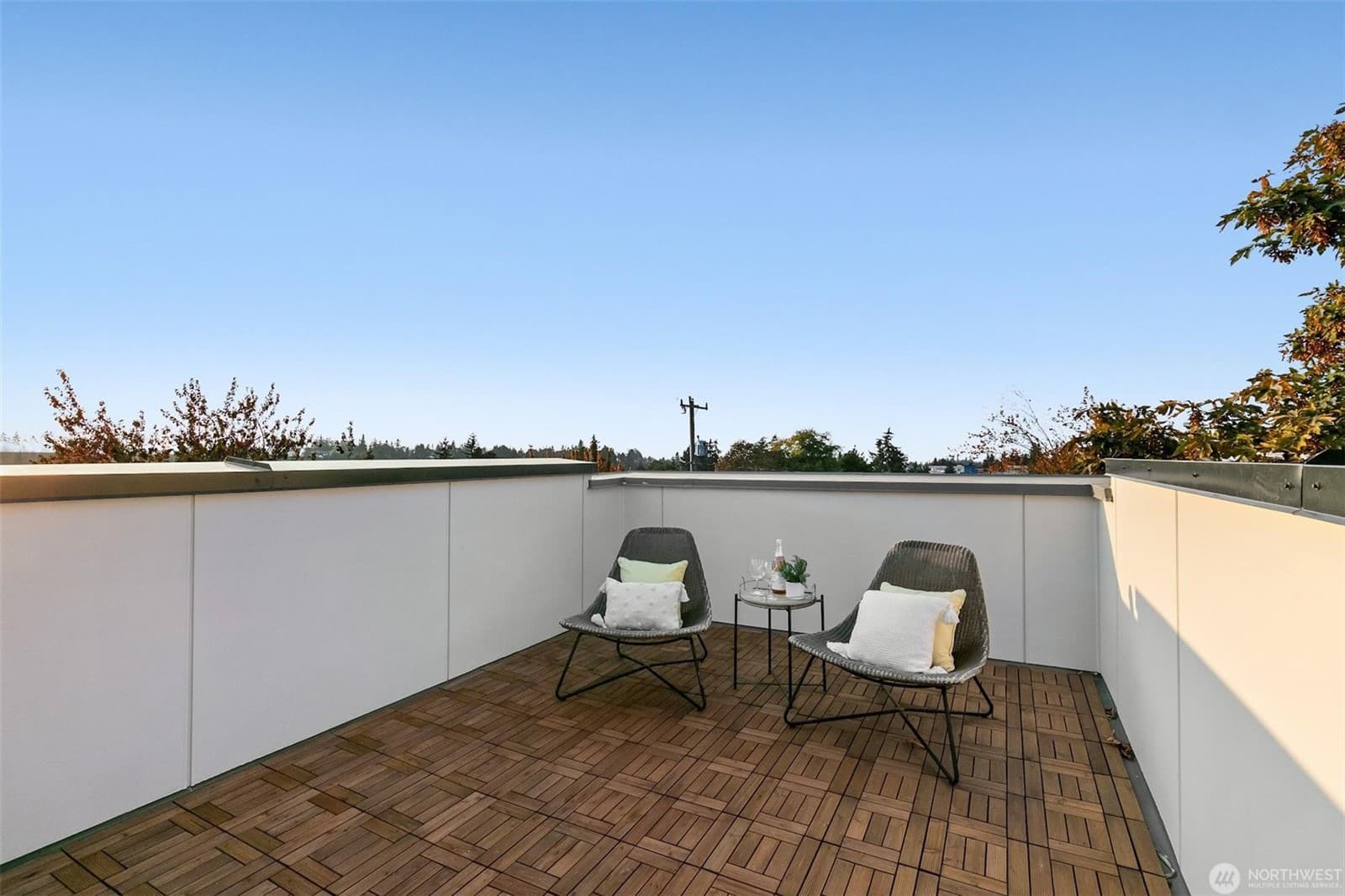Roof deck with seating, out over the treetops
