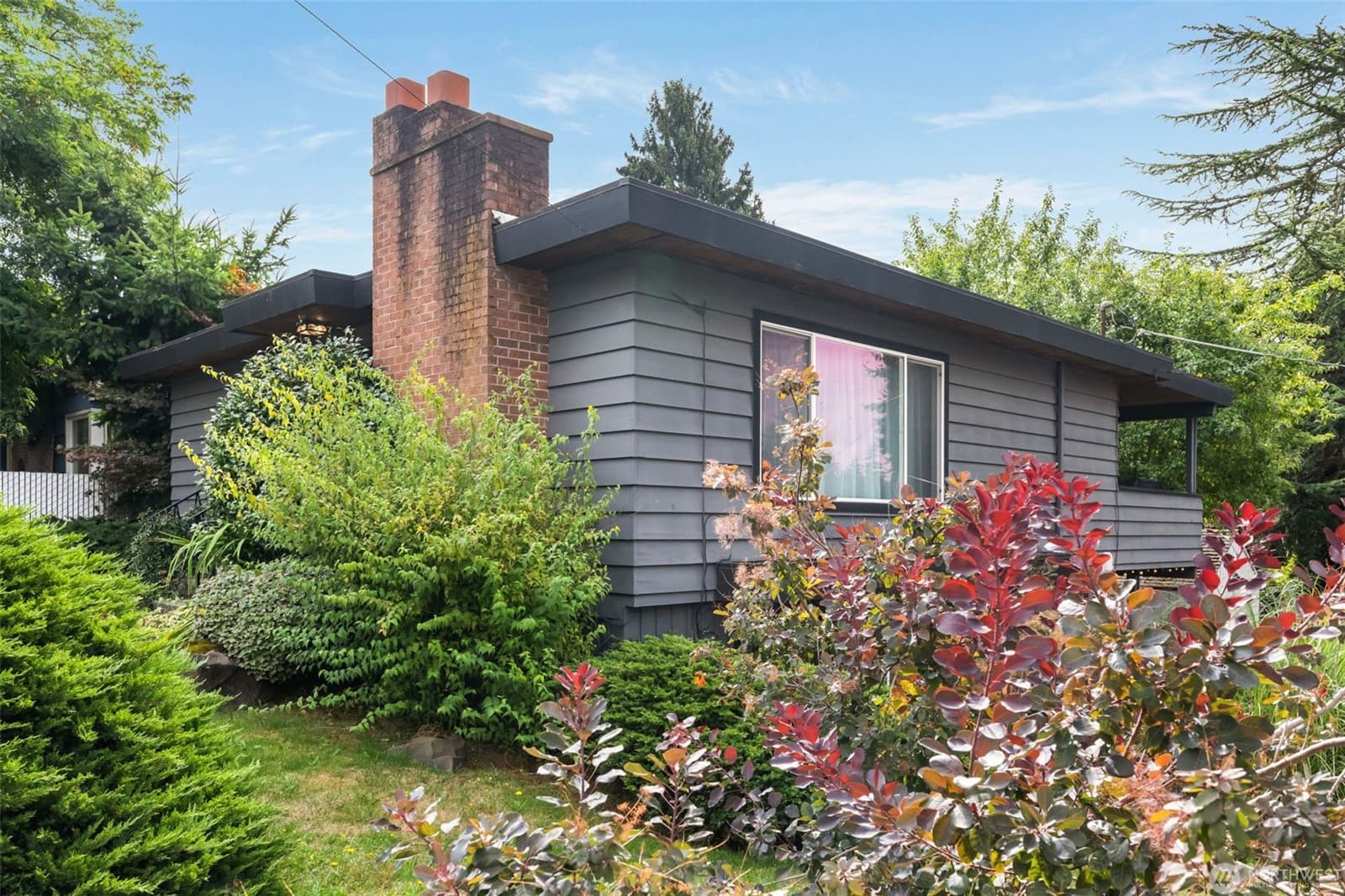 Rear elevation with the brick chimney, seen over the planting