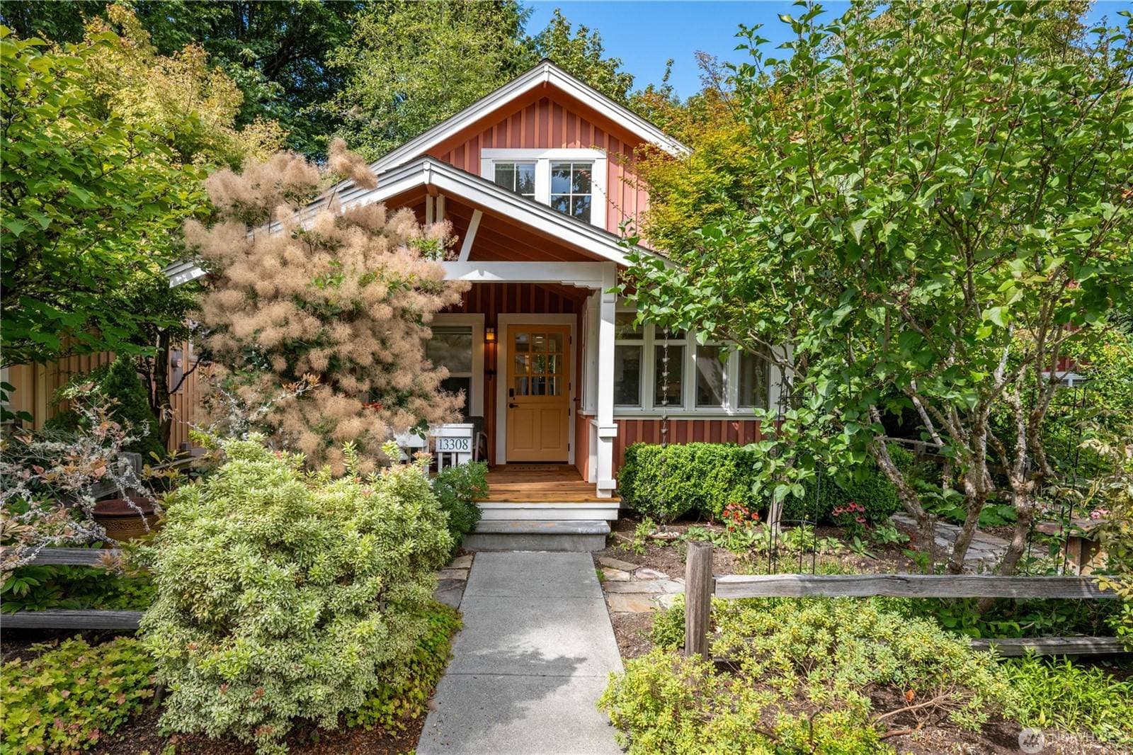 The red board-and-batten cottage behind a smoke tree in bloom and dense garden plantings, with a concrete path to the covered porch and its yellow door