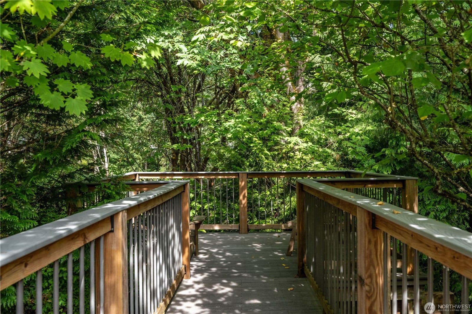 A wooden boardwalk overlook surrounded by maples and cedars in the community's protected forest