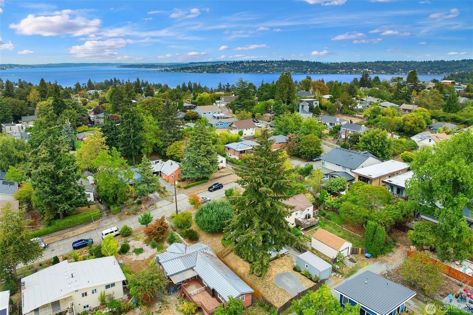 Aerial view over the lot and the surrounding Seward Park streets, with Lake Washington and Mercer Island beyond