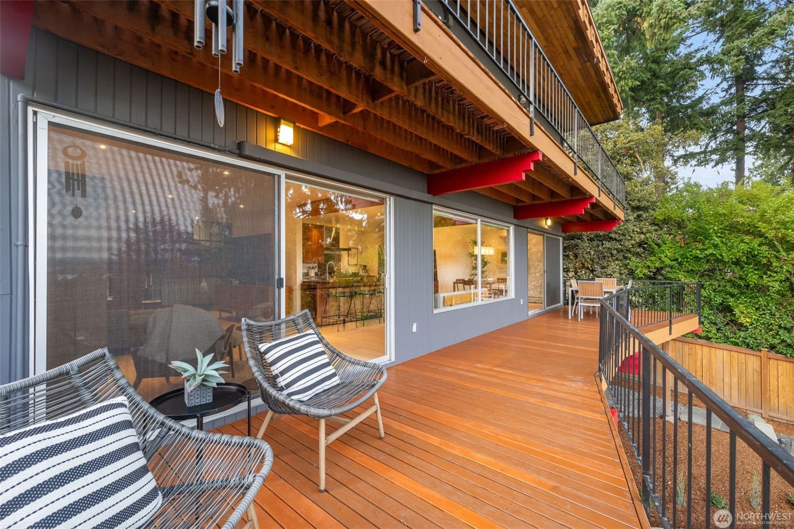 Seating end of the deck, under the wood soffit