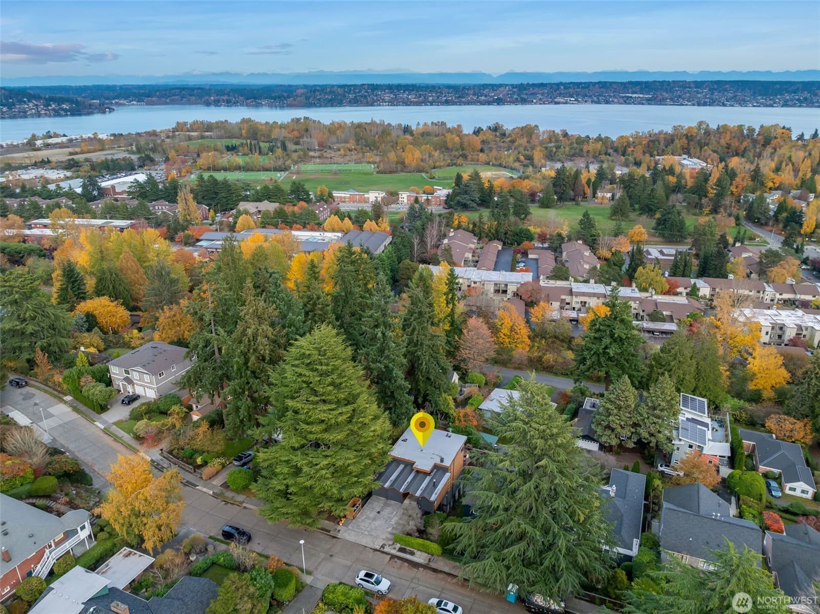 Aerial over View Ridge with Lake Washington beyond, the house marked at centre