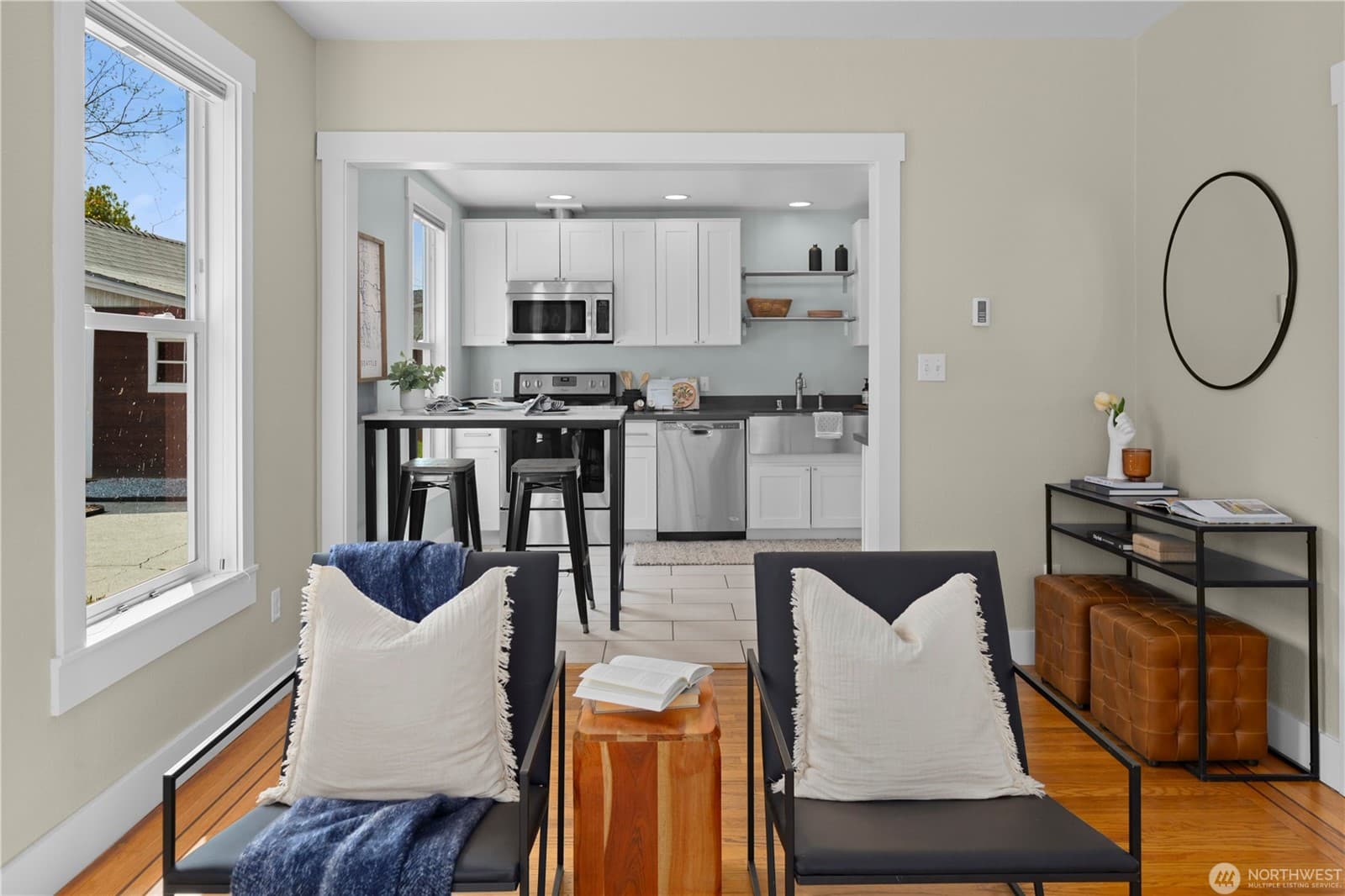 View from the living room through to the kitchen and its bar seating